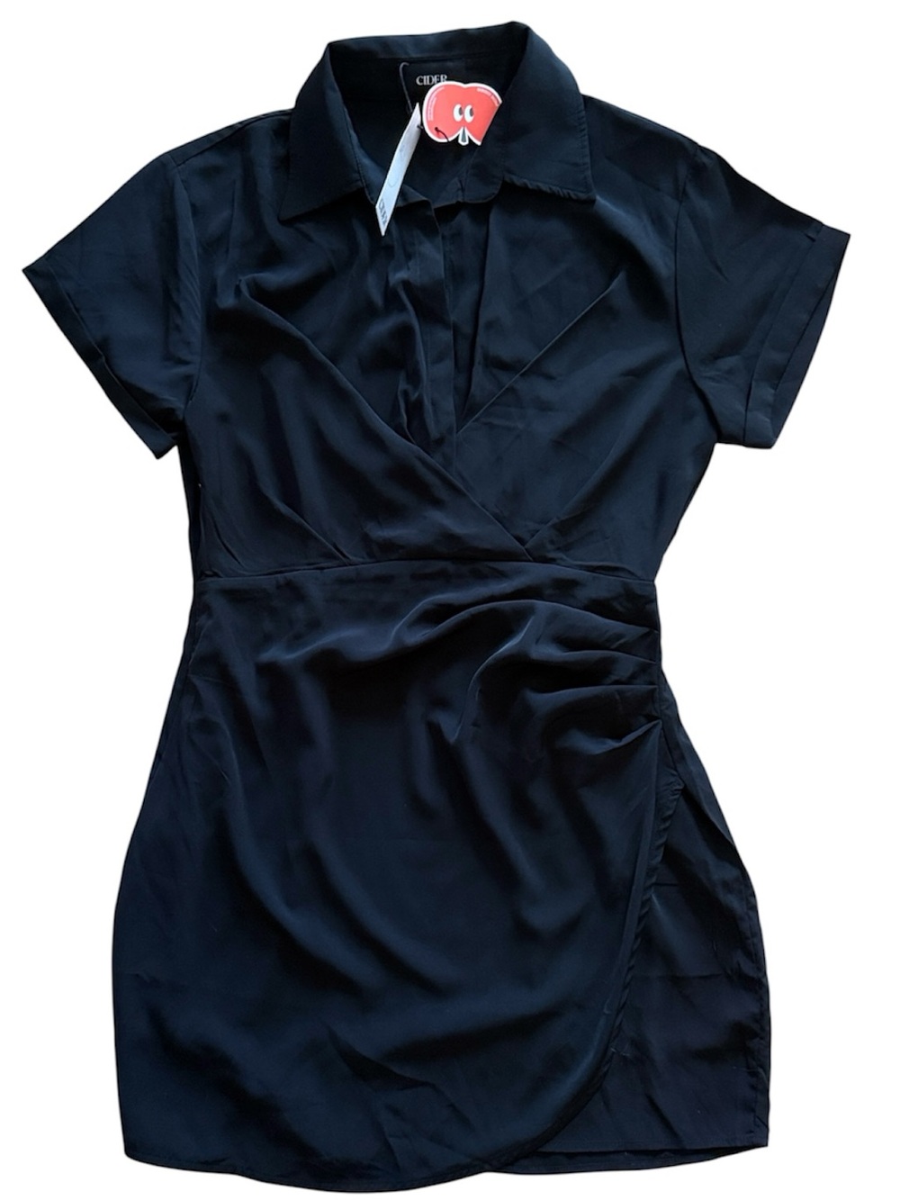 NWT CIDER BLACK COLLARED FAUX WRAP PROFESSIONAL DRESS SHORT SLEEVED LINED LARGE